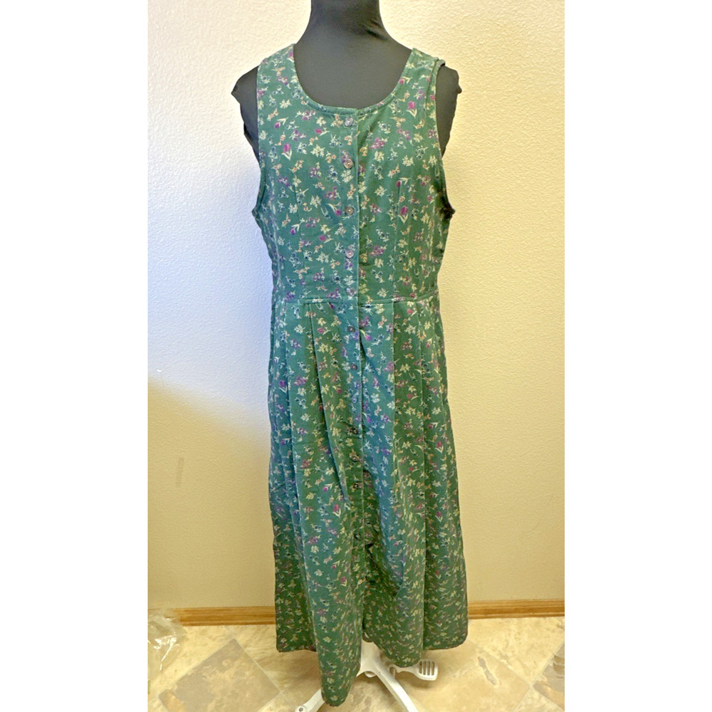 VTG Smith & Hawken Small corduroy Floral Print jumper Dress Pleated Button front